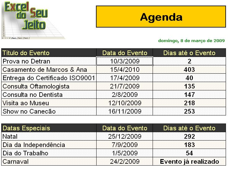 Função para mostrar quantos dias faltam para um evento ou dia específico – Excel do Seu Jeito Função para mostrar quantos dias faltam para um evento ou dia específico – Excel do Seu Jeito
